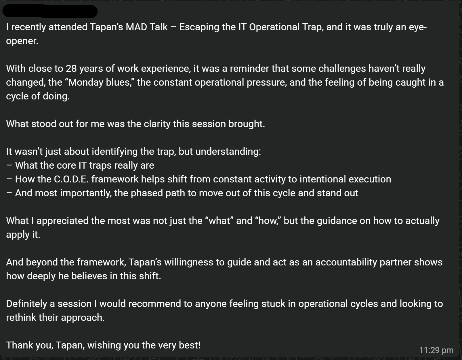 Feedback from IT Leader